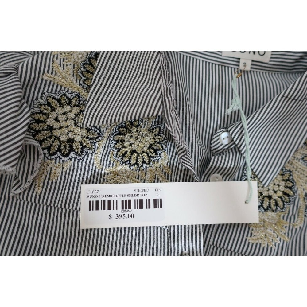Suno NWT Grey Embroidered Metallic Shirt 2 Ruffle Button Longsleeve Blouse Top - Picture 6 of 6